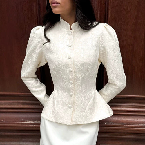Damen taillierte Jacquard‑Bluse mit Stehkragen und dekorativer Knopfleiste Drune