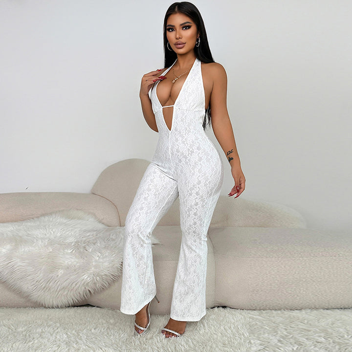 Damen Eleganter Jumpsuit mit tiefem V-Ausschnitt und figurbetonter Silhouette Drune