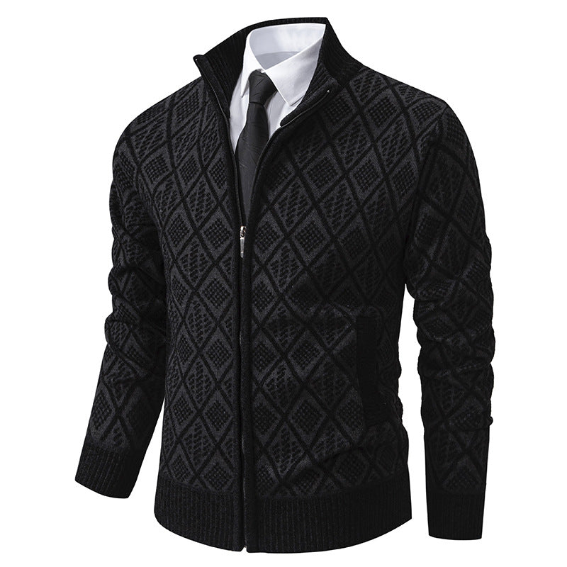 Herren Strickzipjacke mit Rautenmuster, Stehkragen und durchgehendem Reißverschluss Drune