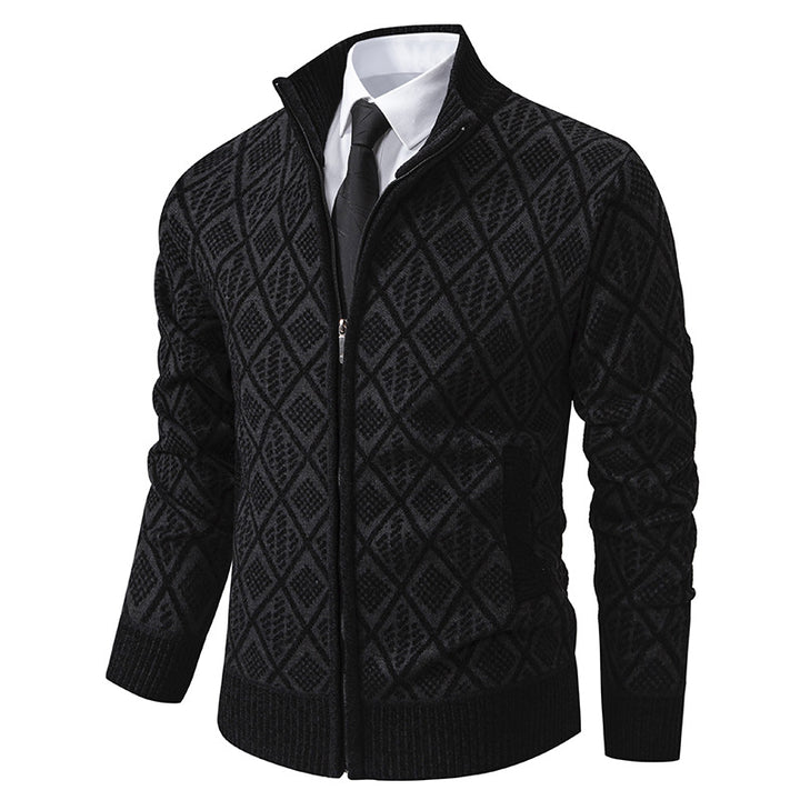 Herren Strickzipjacke mit Rautenmuster, Stehkragen und durchgehendem Reißverschluss Drune