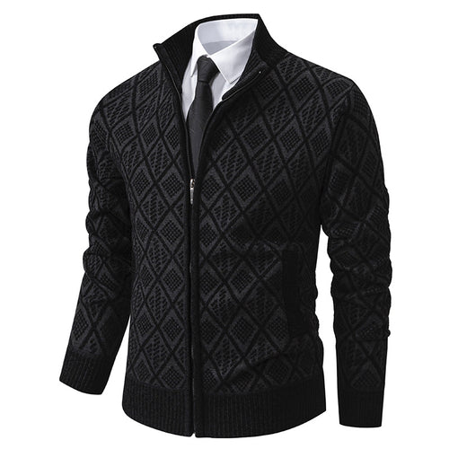 Herren Strickzipjacke mit Rautenmuster, Stehkragen und durchgehendem Reißverschluss Drune