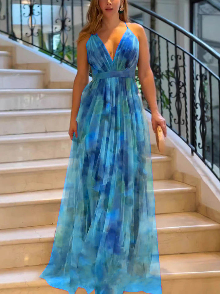 Damen Maxikleid mit tiefem V-Ausschnitt und fließendem Chiffon Drune