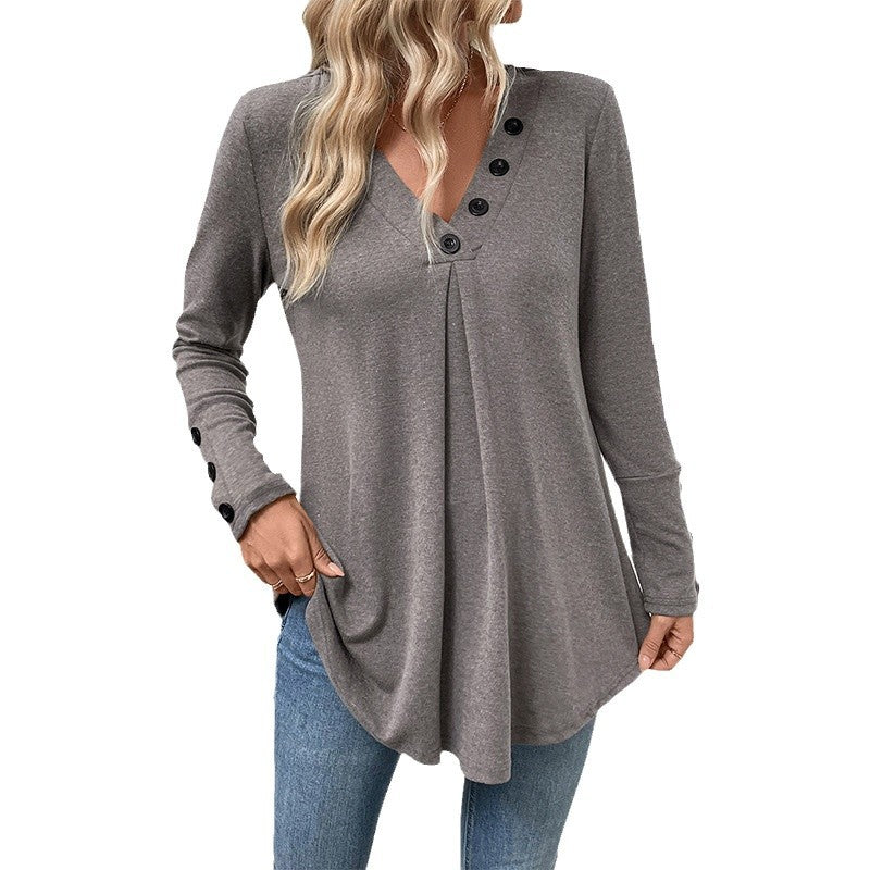 Damen Längeres V‑Ausschnitt‑Tunika‑Shirt mit Zierknöpfen, Kellerfalte und ausgestelltem Saum Drune