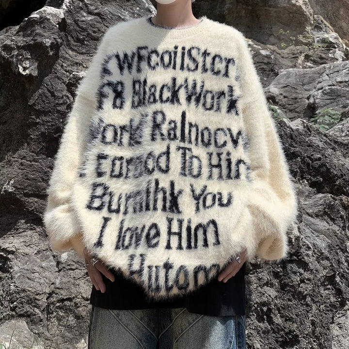 Unisex Oversized Strickpullover mit kreativem Schriftzug und gemütlichem Schnitt Drune
