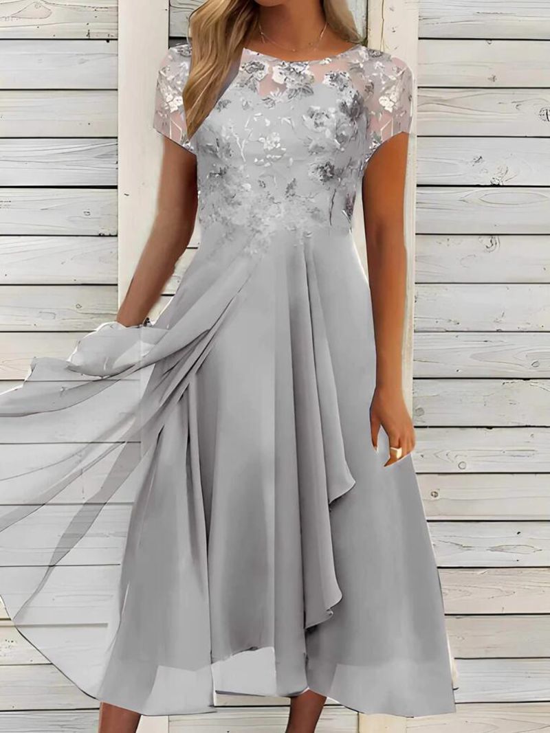 Damen nan elegantes Chiffon-Midikleid mit floraler Spitzenapplikation und fließendem Tellerrock Drune