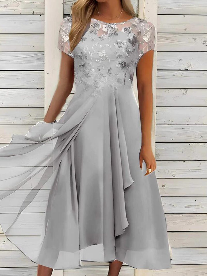 Damen nan elegantes Chiffon-Midikleid mit floraler Spitzenapplikation und fließendem Tellerrock Drune