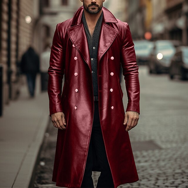 Herren Doppelreihiger Ledermantel im Trenchcoat‑Stil mit schmaler Taille Drune