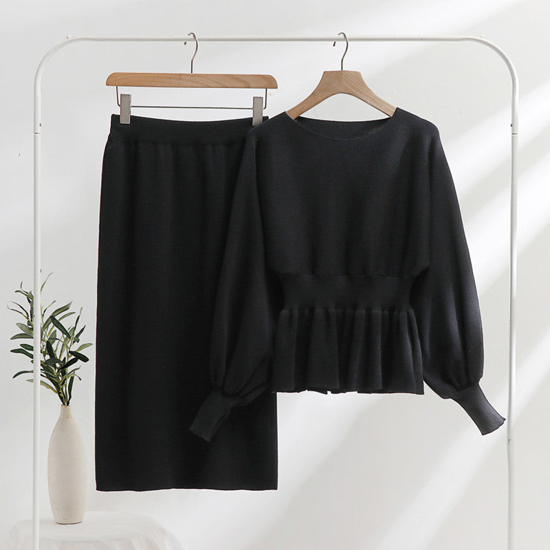Damen modisches Strick-Loungewear-Set mit gerafftem Oberteil und midi Rock Drune