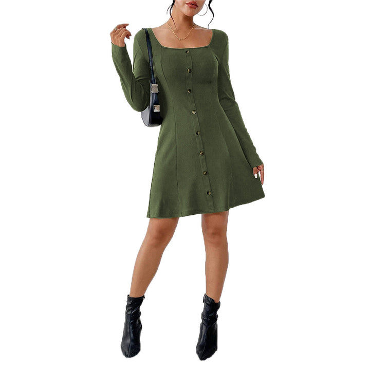 Damen ausgestelltes Strick‑Korsagenkleid mit durchgehender Knopfleiste, Square‑Neck und figurformenden Teilungsnähten Drune