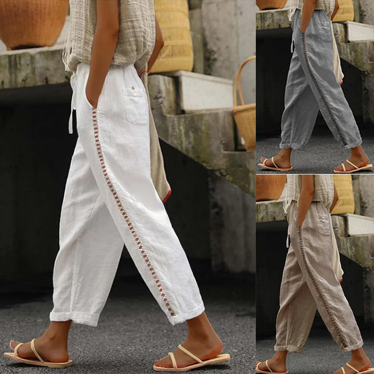 Damen Komfortable Leinenhose mit dekorativem Seitenverschluss Drune