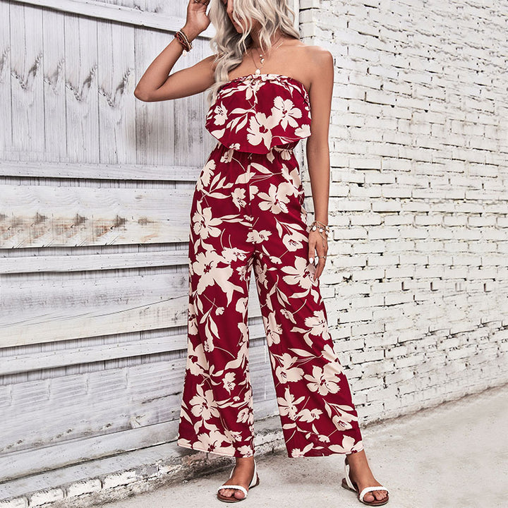 Damen luftiger Jumpsuit mit floralem Rüschenoberteil und weitem Bein Drune
