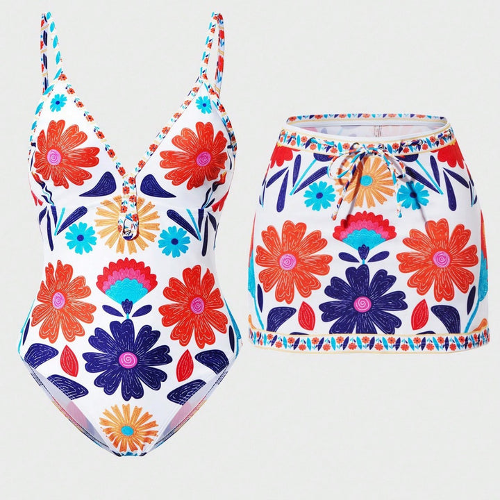 Damen Bikini-Set mit floralem Design und passendem Rock Drune