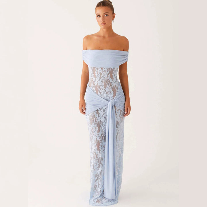 Damen Elegant drapiertes Spitzenkleid mit off-shoulder Design Drune