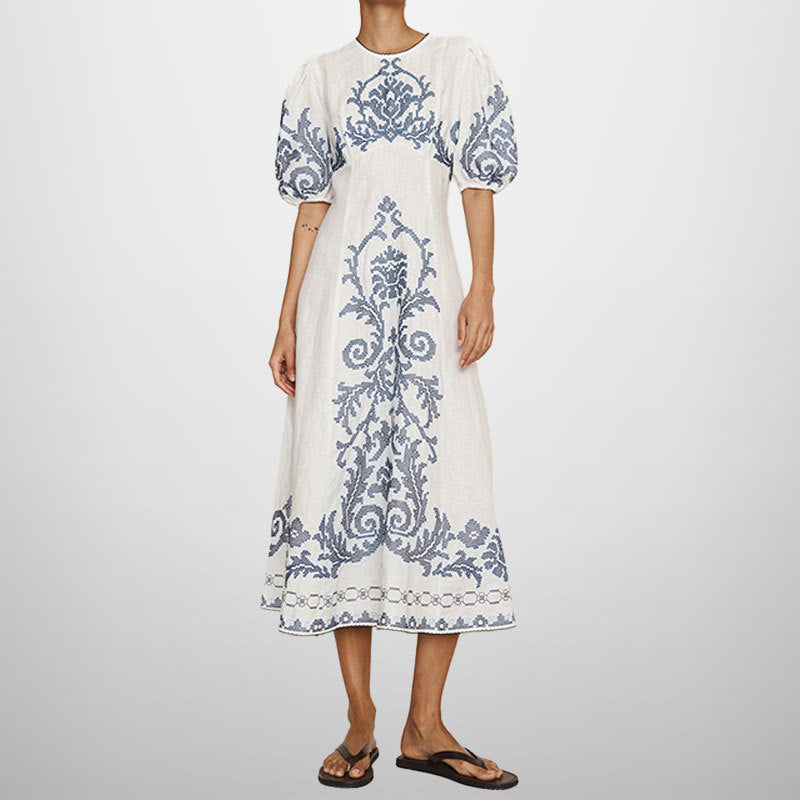 Damen Midikleid mit kunstvollem Stickmuster und voluminösen Ärmeln Drune