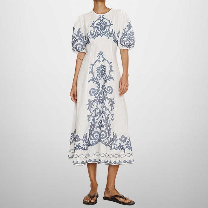 Damen Midikleid mit kunstvollem Stickmuster und voluminösen Ärmeln Drune