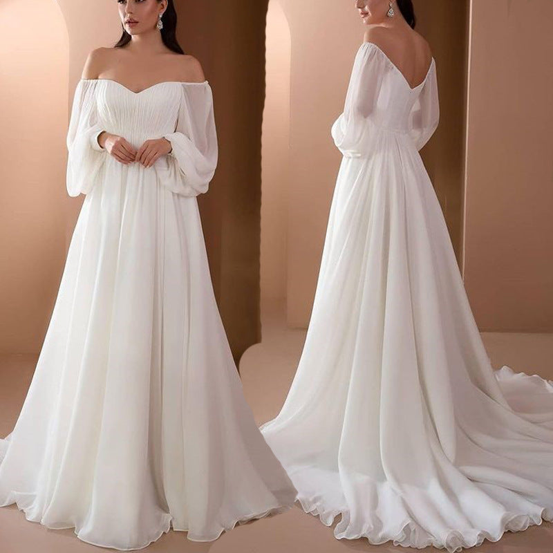 Romantisches Off-Shoulder Langarm Weißes Brautkleid für Hochzeit | Drune