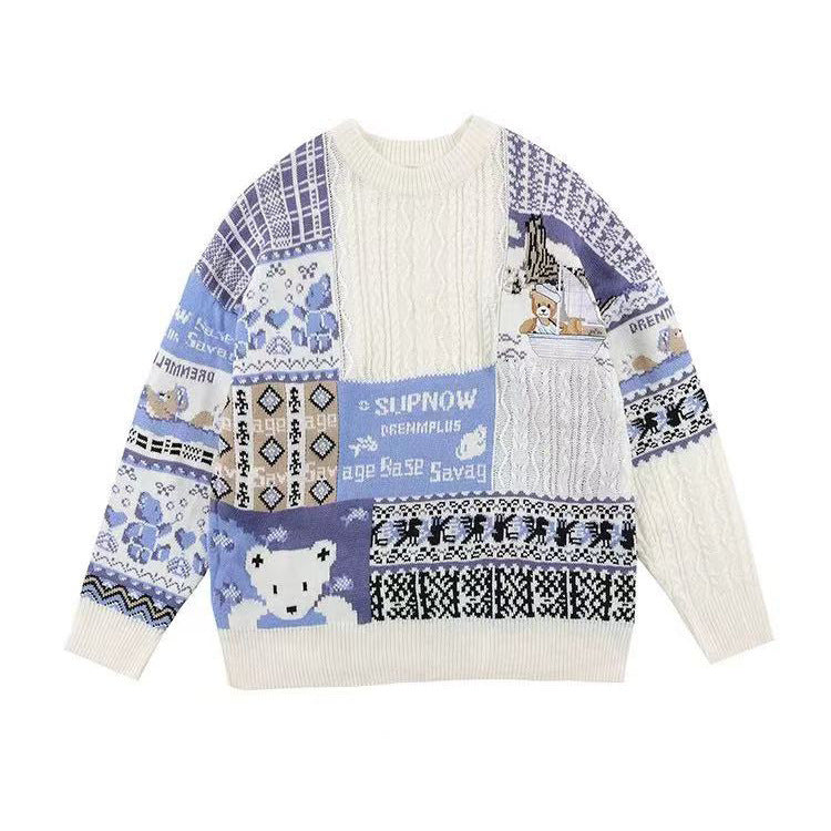 Herren Gemütlicher Grobstrickpullover mit buntem Patchwork Drune