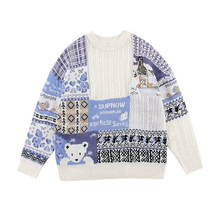 Herren Gemütlicher Grobstrickpullover mit buntem Patchwork Drune