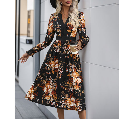 Damen Midikleid mit tailliertem Bund, V‑Ausschnitt, langen Ärmeln und floralem Allover‑Print Drune