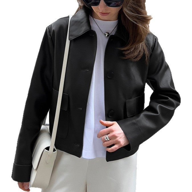 Damen Modische Lederjacke im eleganten Cropped-Schnitt mit praktischen Taschen Drune