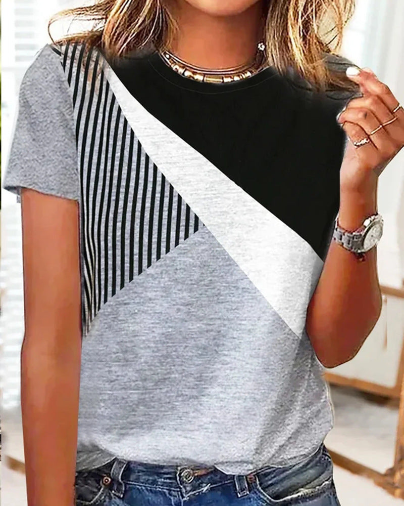 Damen Farbblock Langarmshirt mit schrägem Streifenmuster und Rundhalsausschnitt Drune
