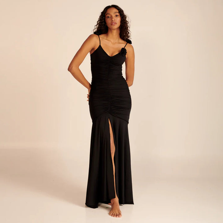 Damen Wickelkleid mit raffinierten Falten und verspielt Blumendetails Drune
