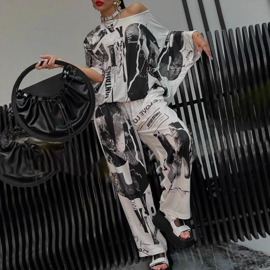 Damen nan zweiteiliges weites Satin-Freizeit-Set mit schulterfreiem Fledermaus-Top und Palazzohose Drune