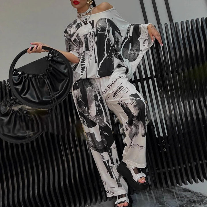 Damen nan zweiteiliges weites Satin-Freizeit-Set mit schulterfreiem Fledermaus-Top und Palazzohose Drune