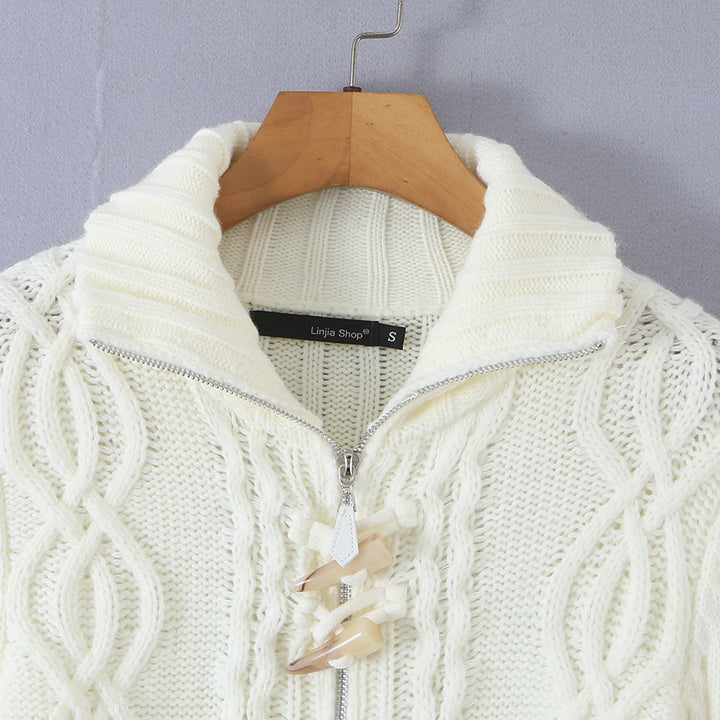 Damen Kurze Strickjacke mit Stehkragen, Zopfmuster, Holzknopf‑Toggles und Taschen Drune