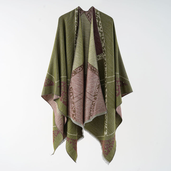 Damen Oversize Cape-Überwurf mit jacquardgewebten Patchmotiven und Fransensaum Drune