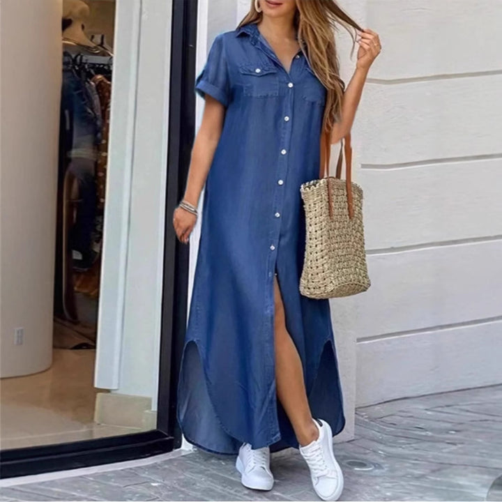Damen Denim Hemdkleid mit Knopfdetails und seitlichem Schlitz Drune