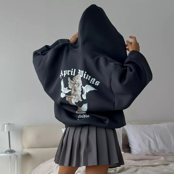 Damen oversized Kapuzenpullover mit Engels-Print und kunstvollem Rückendruck Drune