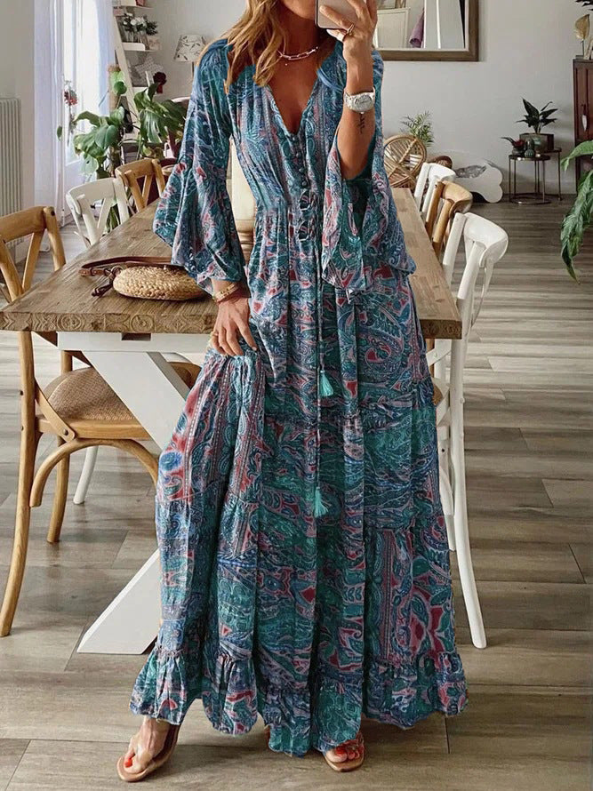 Damen Boho Maxikleid mit Paisley-Print, V-Ausschnitt, Stufenrock und Bindegürtel Drune