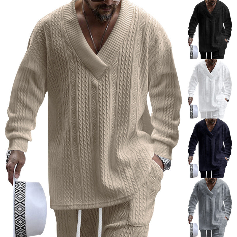 Herren Zopfstrick-Loungewear-Set mit tiefem V-Ausschnitt, Relaxed-Fit & Kordelhose Drune