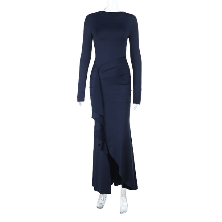 Damen Elegantes Abend-Maxikleid mit langen Ärmeln, figurbetonter Silhouette und seitlichem Volant Drune
