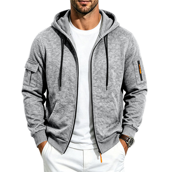 Herren Melierte Zip‑Hoodie‑Jacke mit Utility‑Ärmeltasche und Känguru‑Taschen Drune