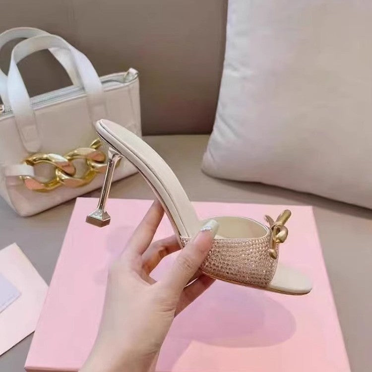 Damen Elegante High-Heel Mules mit funkelndem Kristallbesatz und goldener Zierschleife Drune