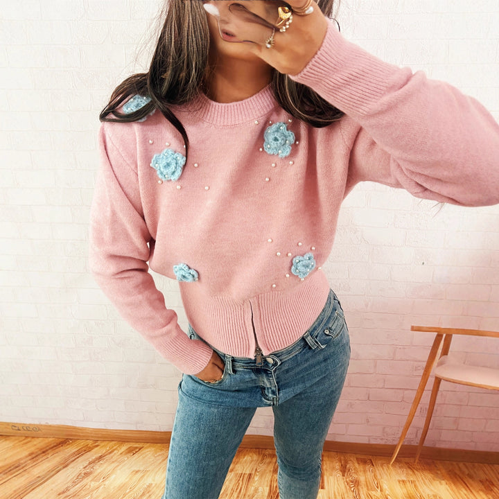 Damen modischer Strickpullover mit floralen Applikationen und dekorativen Perlen Drune