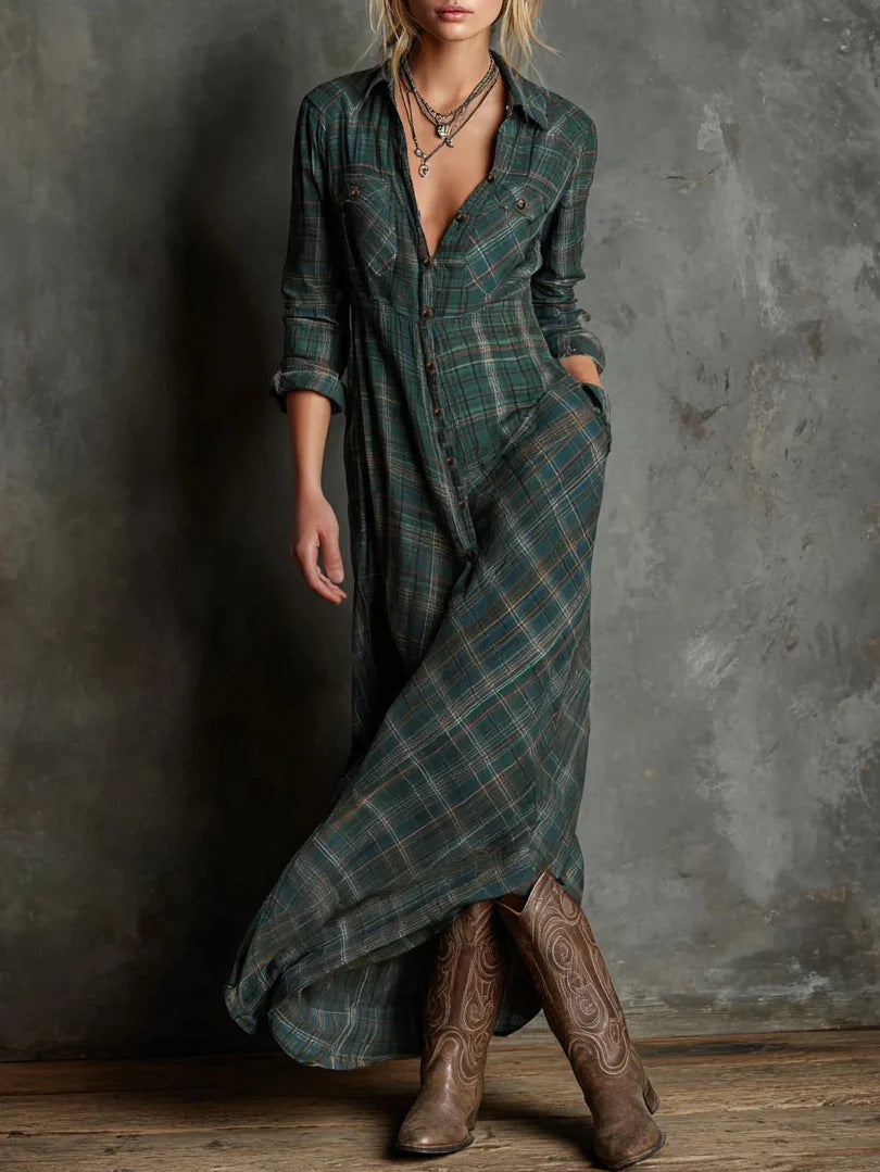 Damen Maxikleid aus kariertem Flanell-Look mit Knopfleiste und seitlichen Taschen Drune