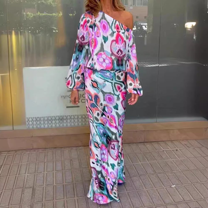 Damen Maxikleid mit asymmetrischer Ein-Schulter, fließendem Satin und Glockenärmeln Drune