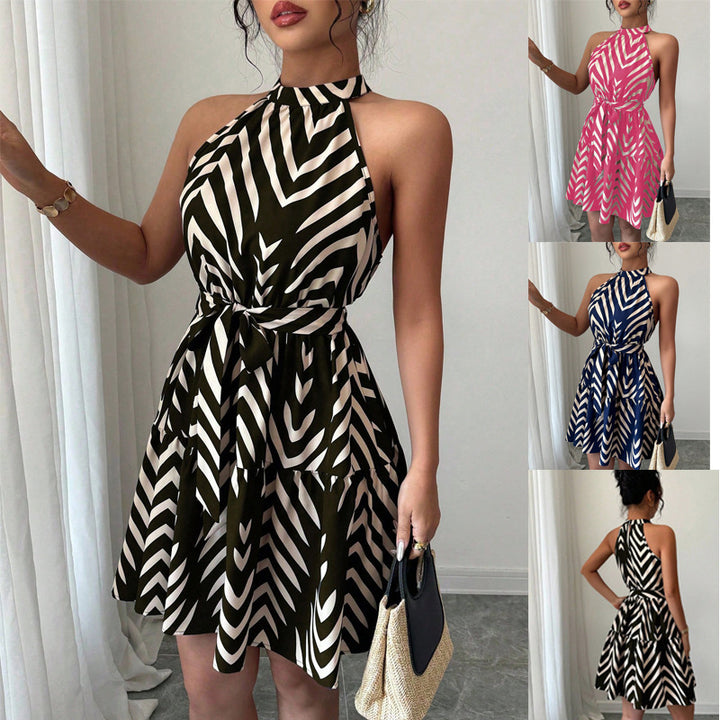 Damen Gestuftes Chiffon‑Sommerkleid mit Neckholder, Taillengürtel und grafischem Print Drune