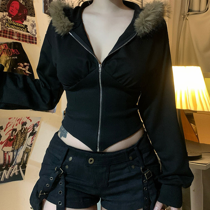 Damen Kurzgeschnittene Kapuzenjacke mit figurformender Rippen‑Corsage und durchgehendem Reißverschluss Drune