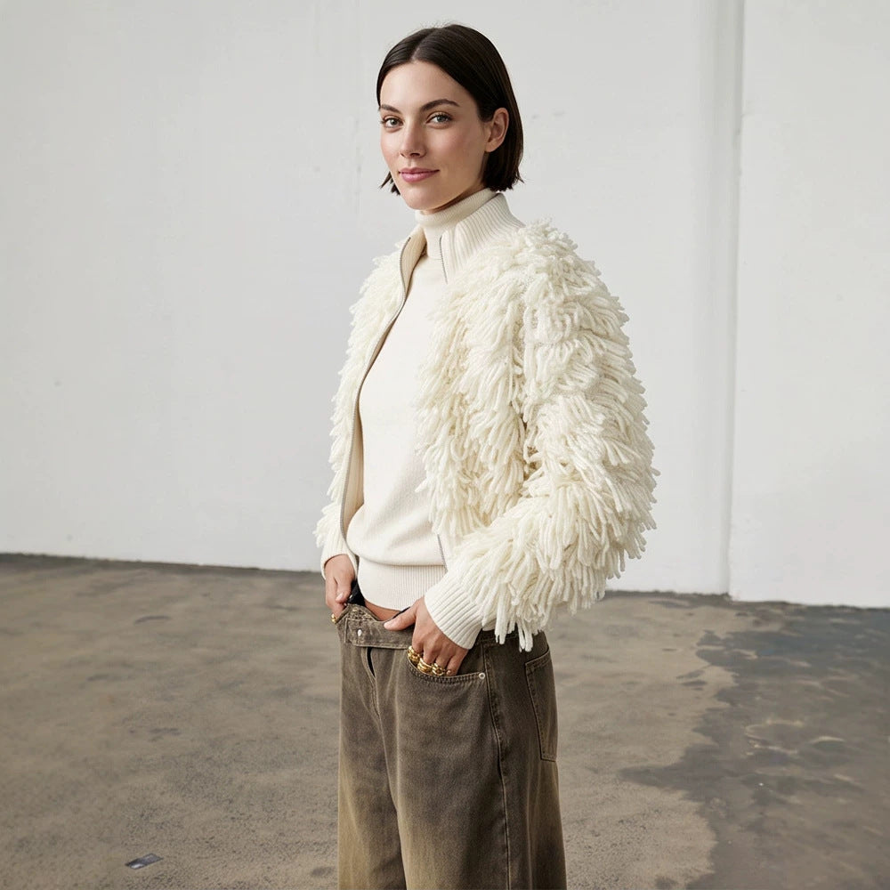 Damen Kurze Strickjacke mit puscheliger Bouclé-Optik, Reißverschluss und breitem Rippenbund Drune