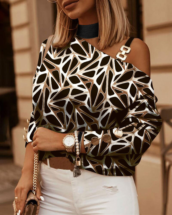 Damen asymmetrisches Off-Shoulder Langarmshirt mit Choker-Kragen und Schulterträgern Drune
