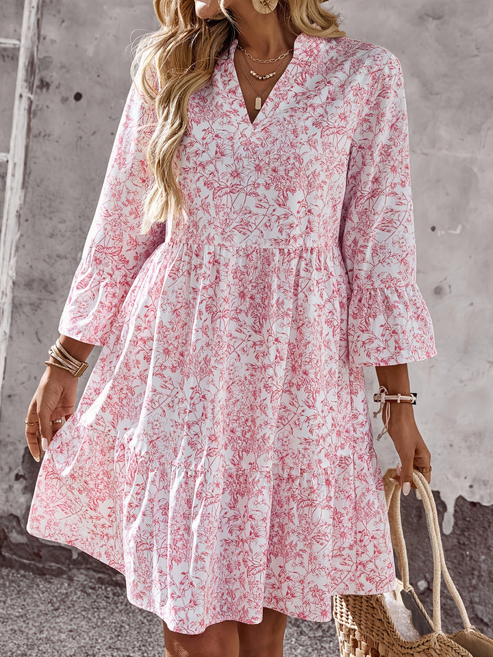 Damen Leichtes Viskose-Tunikakleid mit Blumenprint V-Ausschnitt und Volantärmeln Drune