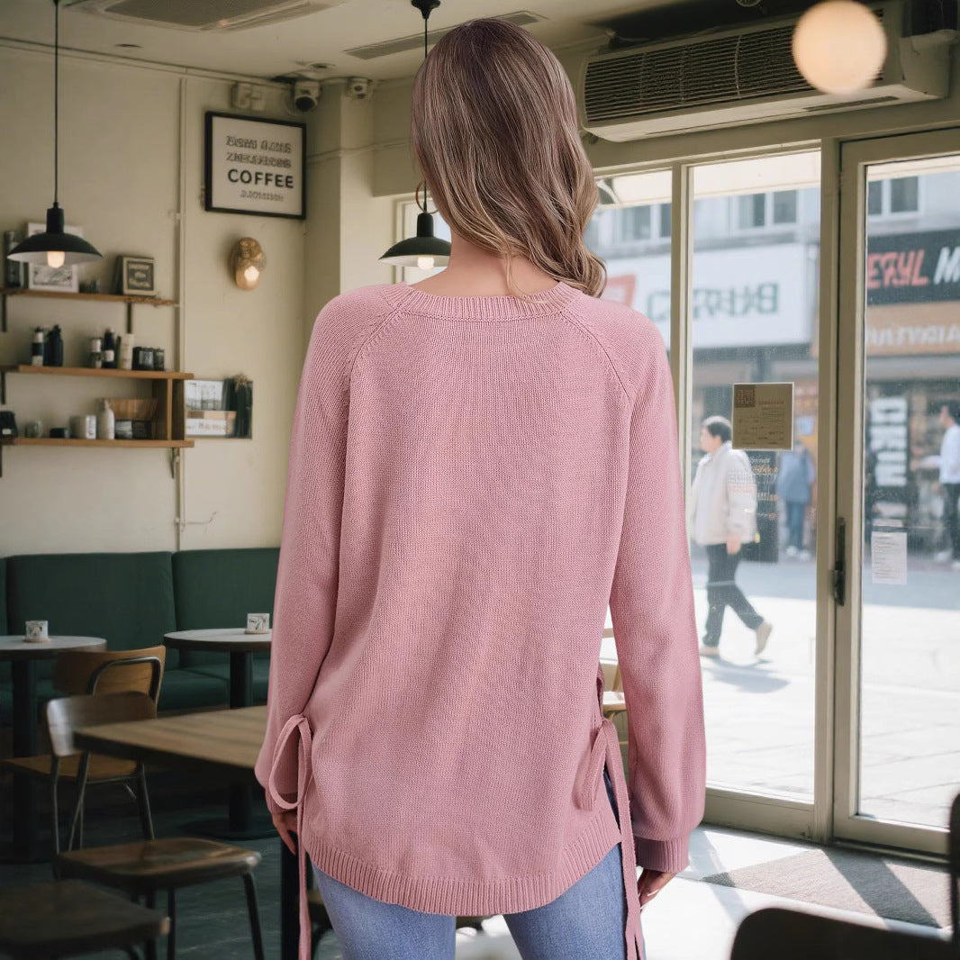 Damen modischer Pullover mit seitlichen Bindebändern Drune