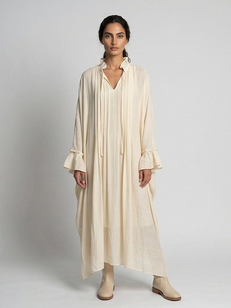 Damen Maxikleid im Kaftan-Stil mit Rüschenkragen, Bindebändern und voluminösen Ärmeln Drune