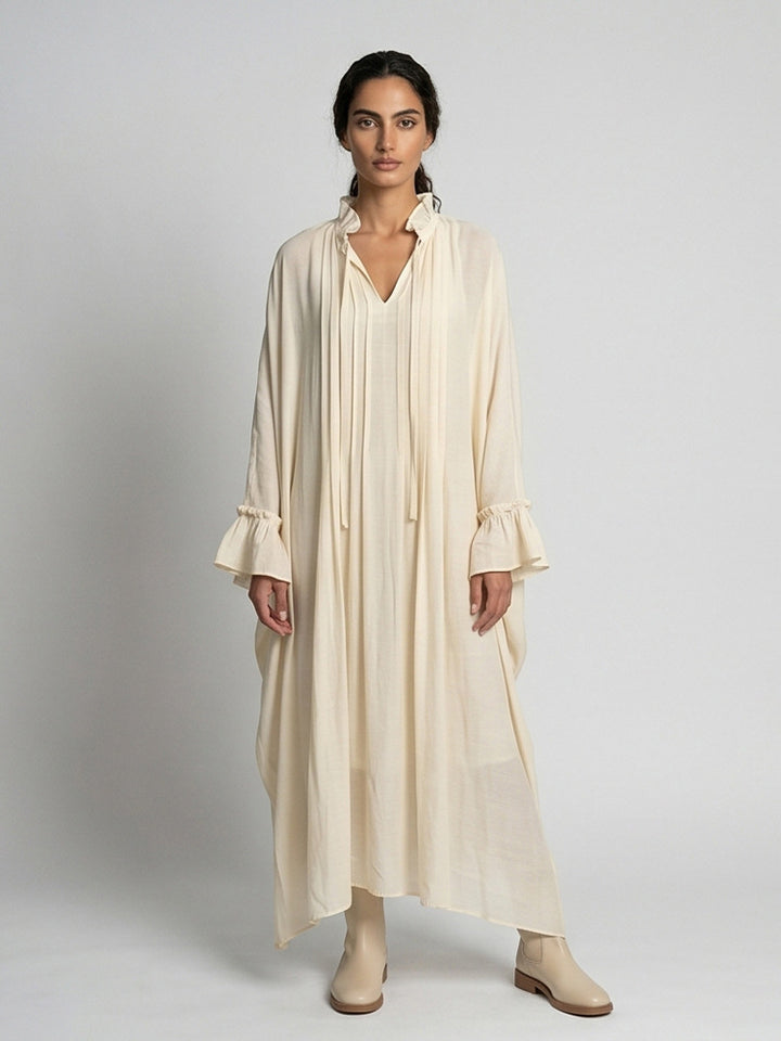 Damen Maxikleid im Kaftan-Stil mit Rüschenkragen, Bindebändern und voluminösen Ärmeln Drune