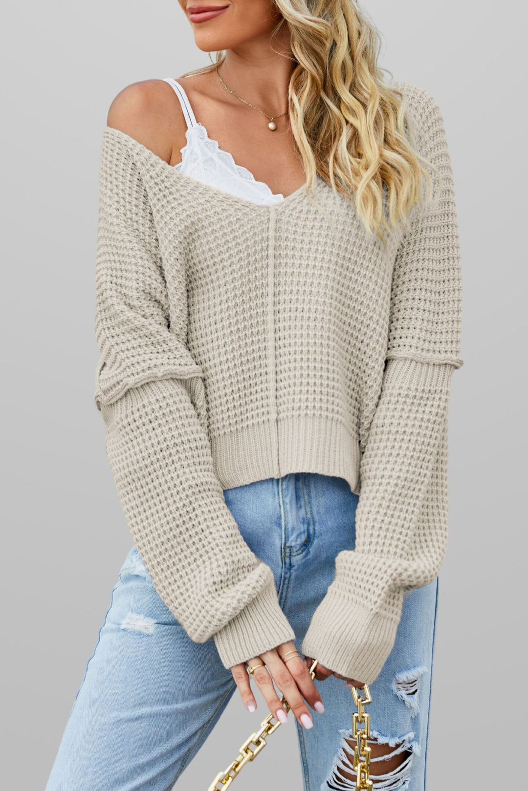 Damen lässiger Pullover im strukturierten Waffelmuster Drune