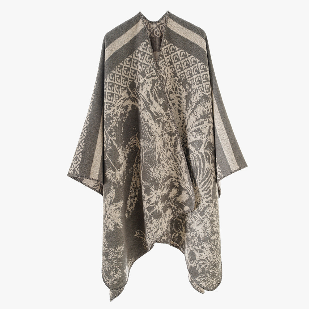 Damen Luxuriöser Jacquard-Motivponcho mit asymmetrischem Zipfelsaum Drune